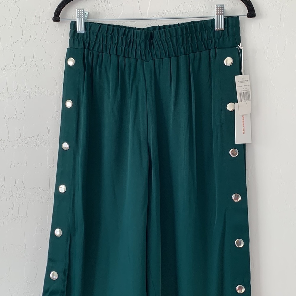 🔥💚 NWT Good American The Satin Snap Button Pant Emerald Wide Leg High Waisted - Picture 4 of 10